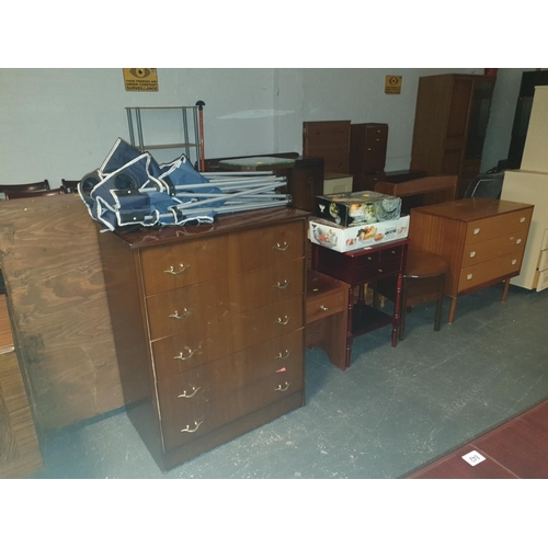 839 - Two chests of drawers, three side tables, glassware,camping chairs etc.