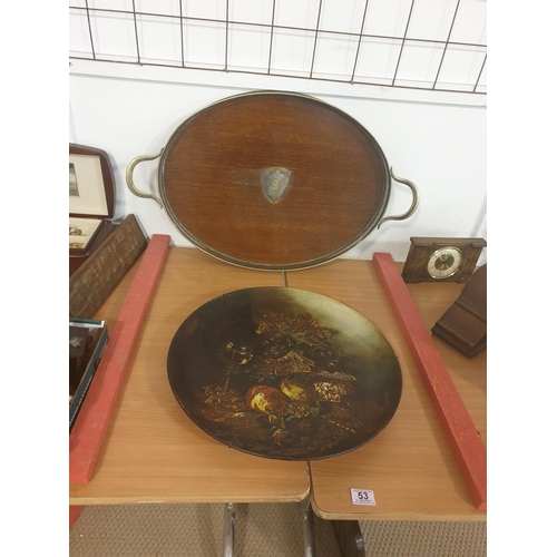 53 - A large silver plated gallery tray with oak base and a hand painted Watcombe pottery wall hanging pl... 