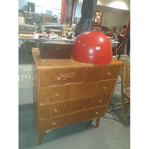 804 - Mid-century chest of drawers, tea caddy, Victorian lamp stand and 2 x red ceiling pendant light shad... 