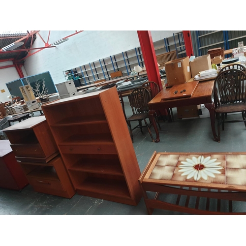 359 - Two teak cabinets, bookcase and a tiled top coffee table