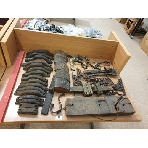 29 - Early wooden handles, brackets and a large wooden lock with key