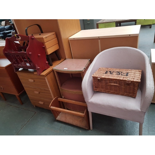 329 - A sewing box, bedside cabinet, Lloyd Loom style wicker chair, etc