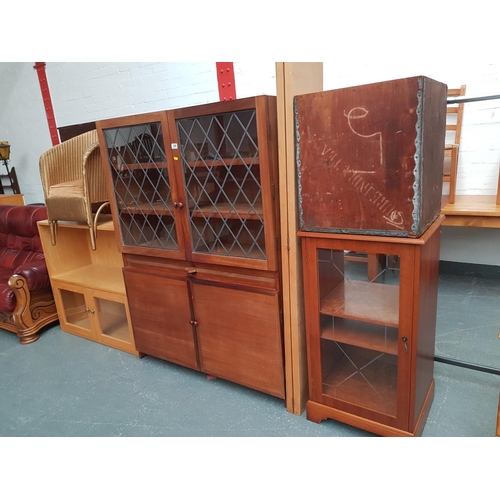 340 - A glazed fronted drinks cabinet, tea chest, two cabinets, etc