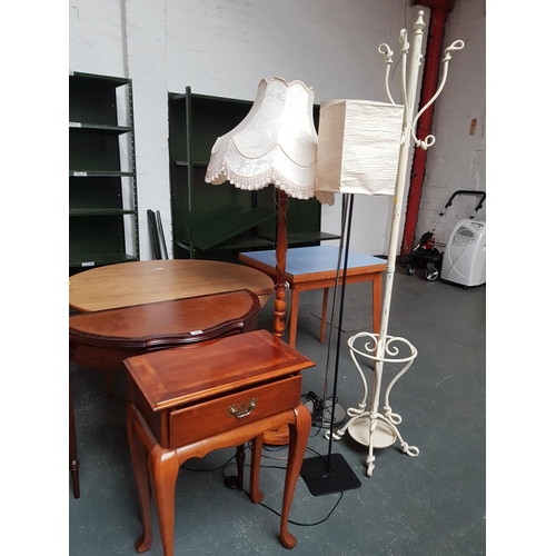 349 - Two tables, floor lamps and a metal coat stand
