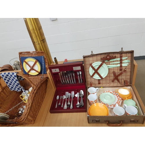13 - Two vintage picnic sets and a Viners boxed cutlery set