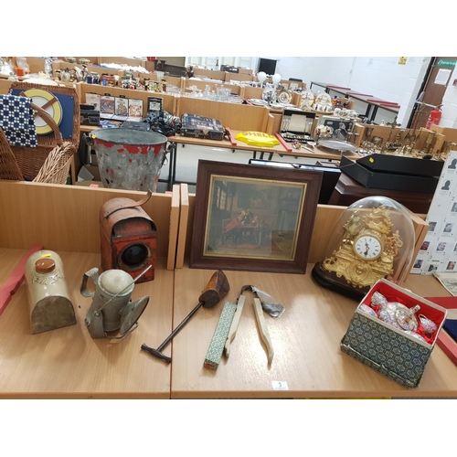 3 - Mixed miscellaneous items including work lights, stone hot water bottle, clock under glass dome, etc