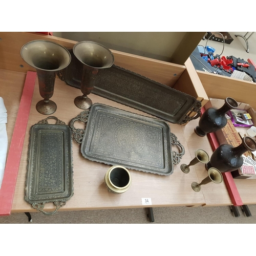 34 - A pair of Japanese Cloisonne vases, brass trays and other metal ware