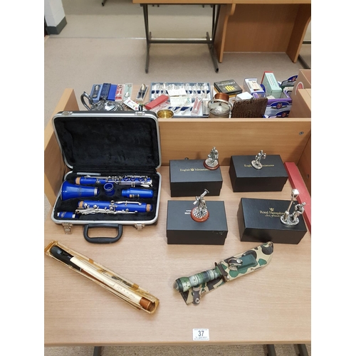 37 - A boxed clarinet, recorder, boxed English miniatures, etc