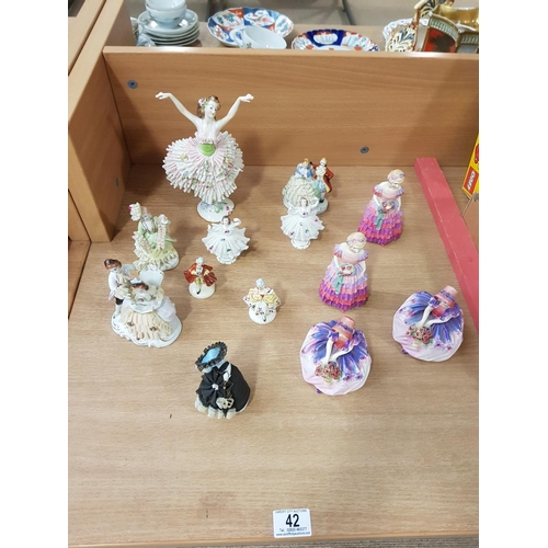 42 - A collection of German lacework figurines and four early Doulton figurines (two 'Monica' and two 'Th... 