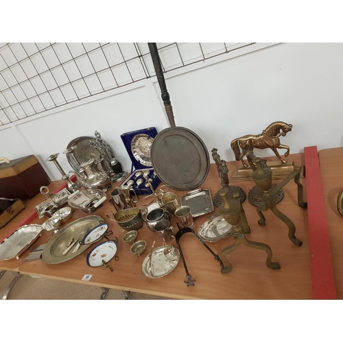 49 - Silver plated items, brass fire dogs, etc
