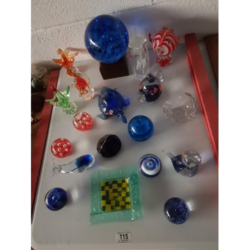 115 - A selection of glass paperweights, Murano glass animals etc