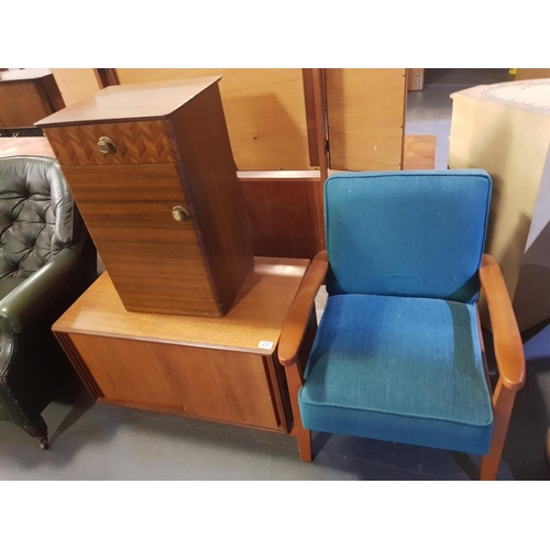 235 - A uniflex bedside cabinet, teak cabinet and a chair