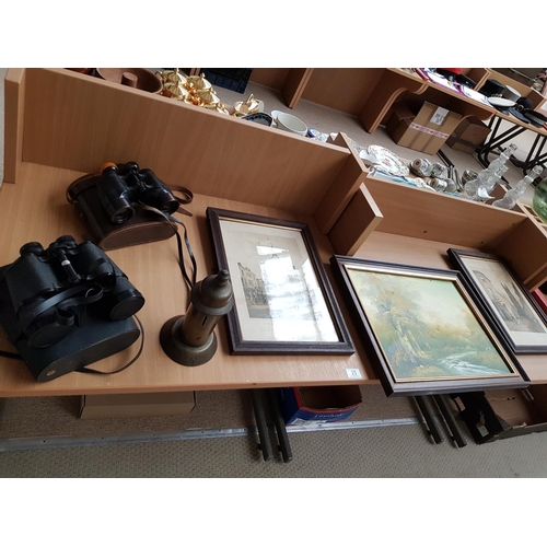 25 - Two vintage binoculars an early piece of trench art and two early Cardiff related prints C1860 plus ... 