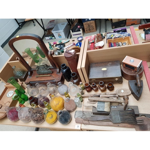 29 - Dressing table mirror, vintage bottles, tools etc
