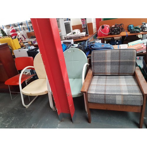 583 - Two metal chairs, an oak framed chair etc