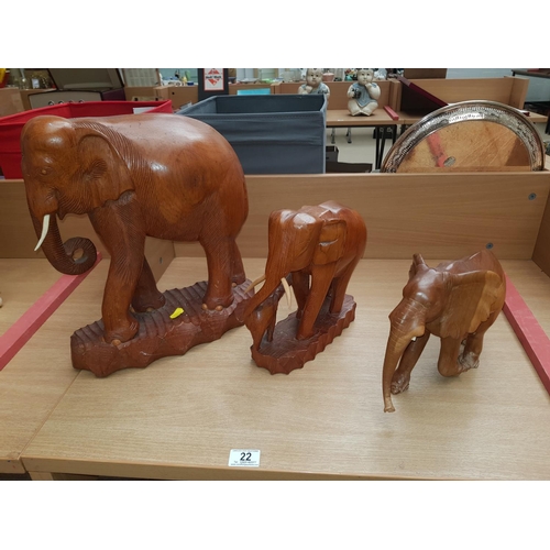 22 - 3 carved wooden elephants
