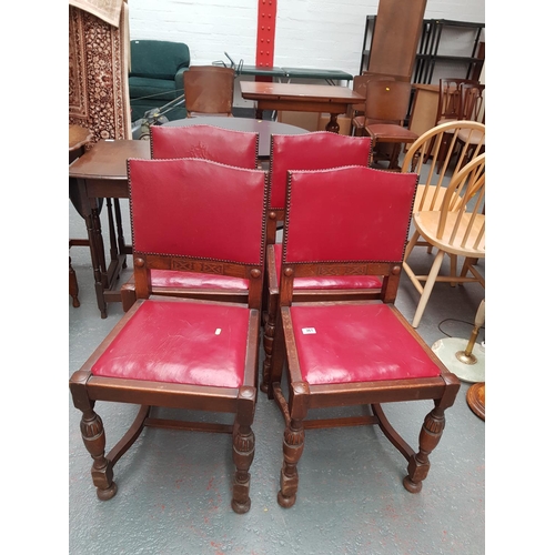 361 - 4 oak red leather seated dining chairs