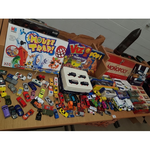 11 - Vintage board games and play worn cars including Maitso, boxed Corgi and Days gone cars etc