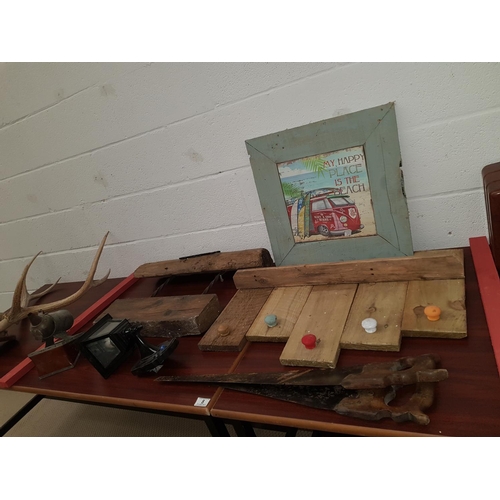 8 - A wooden coat rack, wooden 'No Parking' sign, wooden framed picture, 2 vintage saws, outside light a... 