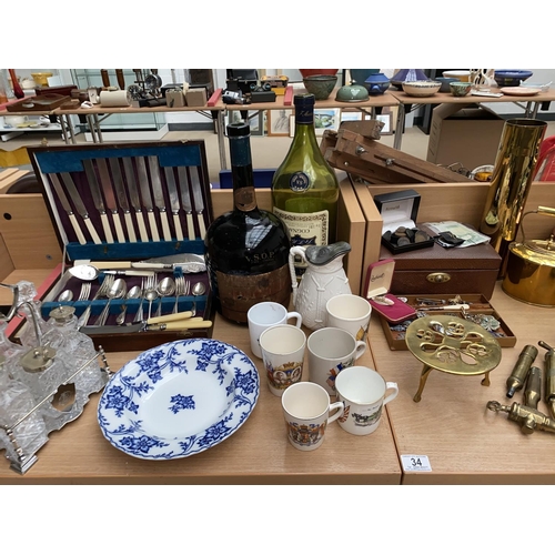 34 - A canteen of cutlery, brassware, copper kettle , large vintage brandy bottles, costume jewellery, no... 
