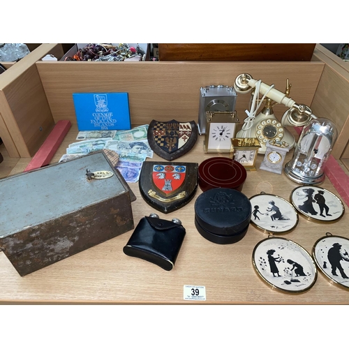 39 - Vintage items including notes, coins, Victorian wall safe etc.
