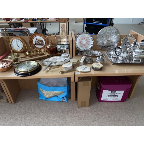 42 - Silver plated tea and coffee set, silver plated trays, mixed metalware etc.