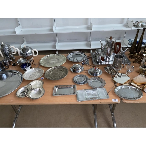 43 - Sona vintage stainless steel coffee/ tea set on tray, silver plated items and brassware including ca... 