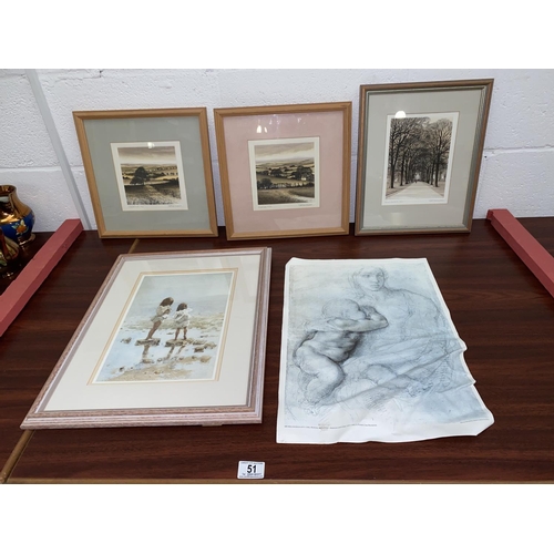 51 - 3 framed Kathleen Caddick hand coloured etchings 'Hillside Track' ' Field Gate' and ' Across the Par... 