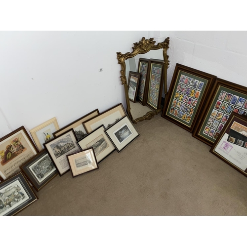 54 - Framed cigarette cards and prints including historical prints of Newport and a mirror