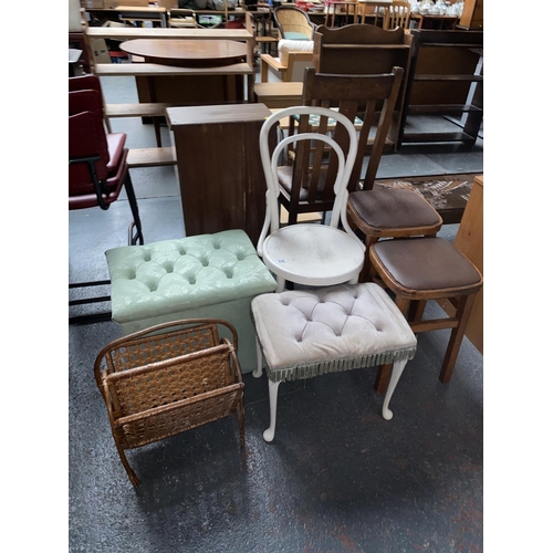 518 - Two stools, painted chair, ottoman etc.