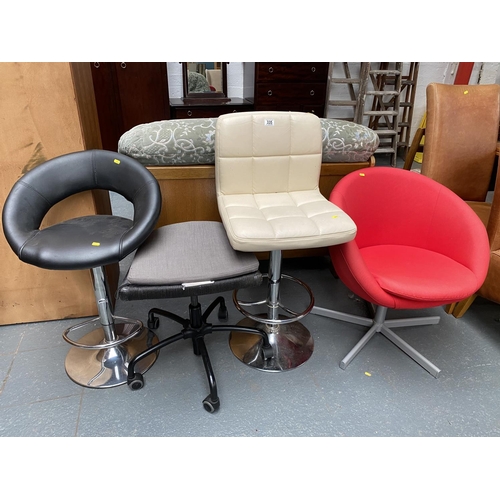 335 - A red retro chair, two bar stools etc.