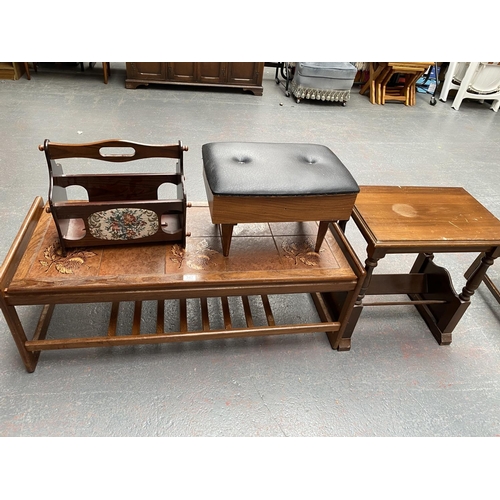 347 - A tiled top coffee table, side table, footstool etc.