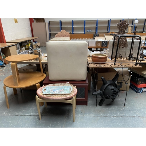353 - Two Ikea tables, foot stools, wicker and metal table etc.