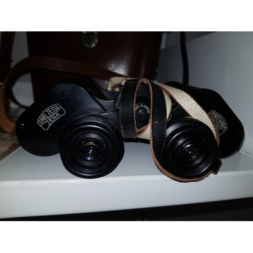 55 - A Roberts radio, vintage cameras, binoculars including Carl Zeiss