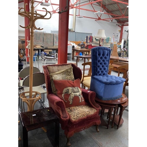 529 - A Bentwood coat stand, armchair, bedroom chair, nest of tables etc.