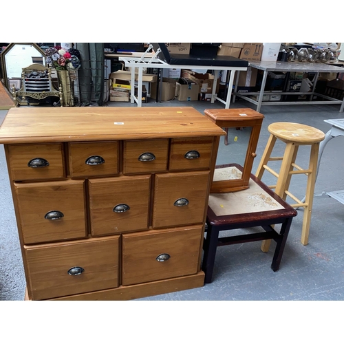560 - Pine bank of drawers, tiled side table, bar stool etc.