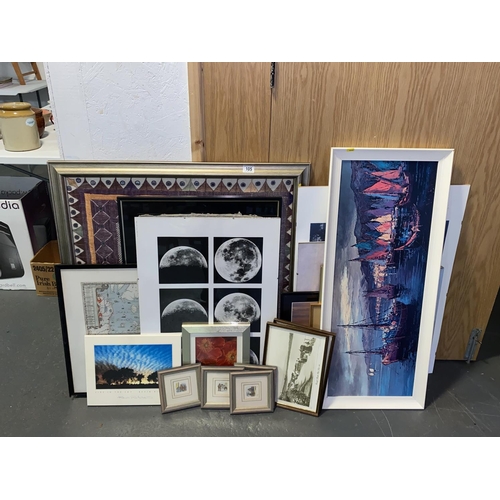 105 - A quantity of pictures and prints, Indian wall hanging etc.