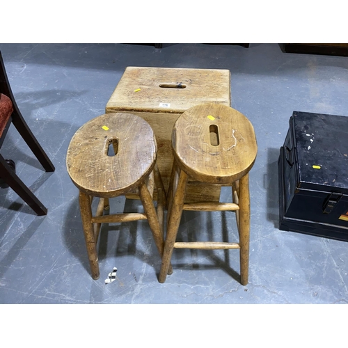 116 - Two lab stools and a box stool