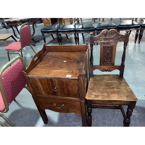 136 - A small mahogany wash stand/ commode and a carved hall chair