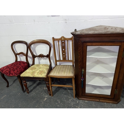 141 - 3 bedroom chairs and a oak wall hanging corner cabinet