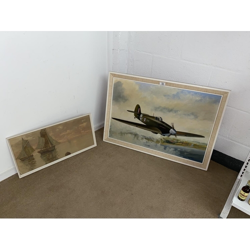 72 - Two framed pictures, one watercolour of a seascape, one oil of spitfire - Rey Adams 1972