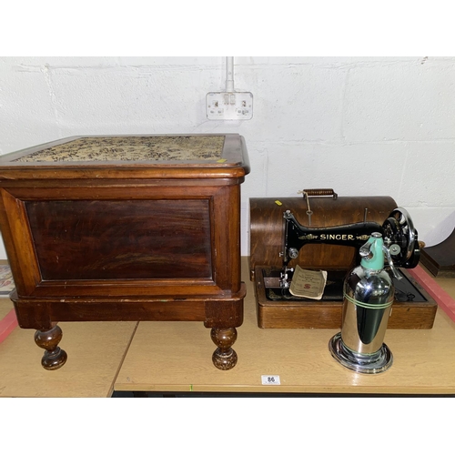 86 - A Victorian mahogany commode, a Singer sewing machine and a vintage soda syphon