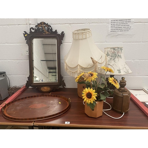 58 - An Edwardian mirror and tray plus four wooden base lamps and pots