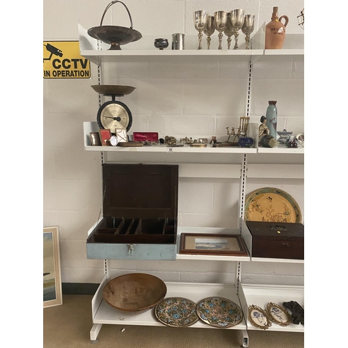 69 - Mixed miscellaneous items including Salter scales- silver plated items etc- 4 shelves