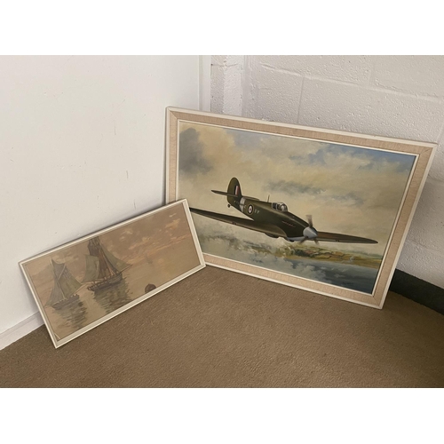70 - Two framed pictures, one watercolour of a seascape, one oil of spitfire - Rey Adams 1972