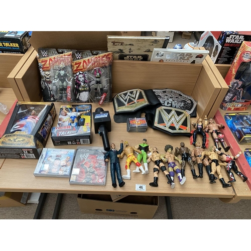 46 - New boxed wrestling figures,loose figures, wrestling belts etc.