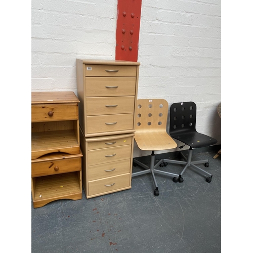 506 - Two pine bedside cabinets, two beech four drawer cabinets and two office chairs