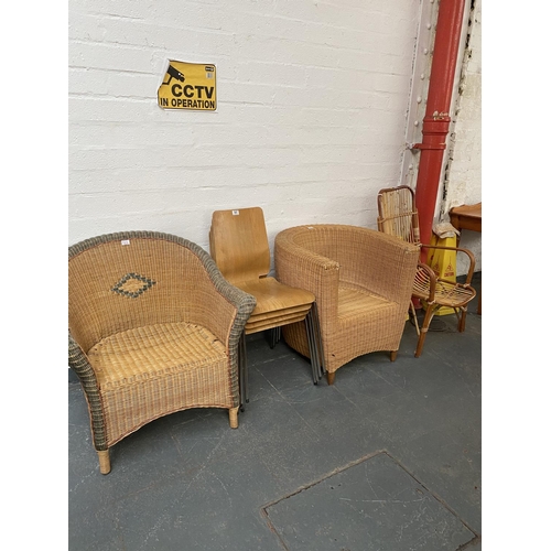 507 - Two wicker chairs, a bamboo chair and four stacking chairs