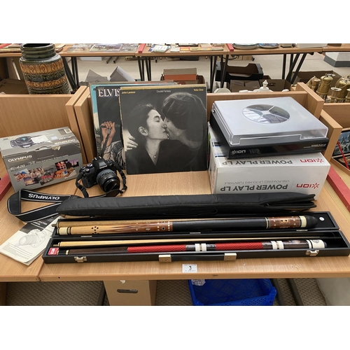3 - An Ion power play LP turntable, snooker cues and Olympus E-420 boxed camera and LP's