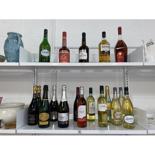 50 - Two shelves of mixed alcohol etc including Teachers whisky, Sherry, wine etc plus alcohol free wine